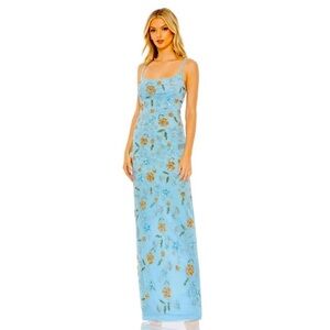 Mac Duggal hand beaded floral gown with beaded spaghetti straps in powder blue